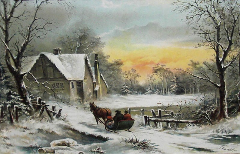 Horse Pulled Sleigh Winter Old House by Chandler