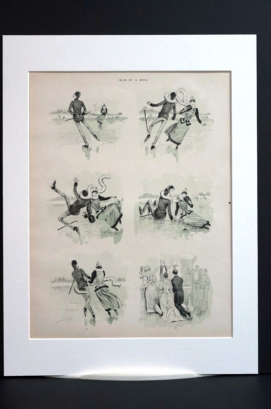 Ice Skating 1891 VICTORIAN BOY GIRL COLLIDE LOVE MARRIAGE Matted Cartoon gallery
