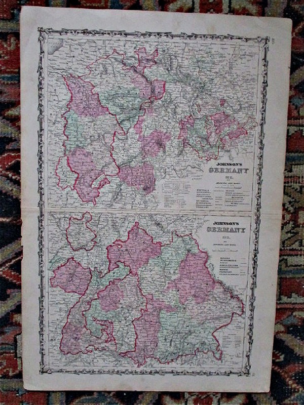 2 Vintage Maps, GERMANY, No.2; No.3, JOHNSON’S FAMILY ATLAS, 1863, 26 1/2 x 18″