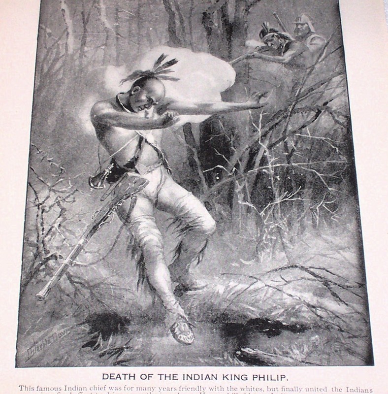 Antique Print Native American Indians King Philips War 1600s Rhode Island Penn