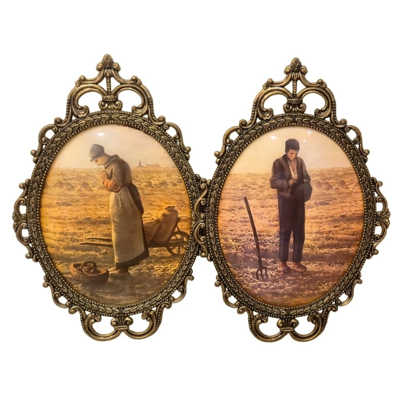 Vintage Brass Bubble Glass Jean François Millet Prints Convex Frame set Italy