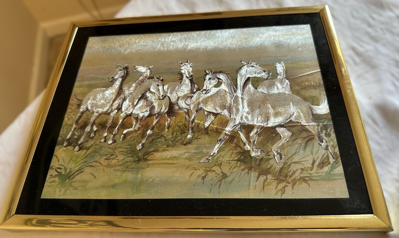 Vintage Manifestations Foil Optical Illusionary Art ~ Horses ~ Gold Framed