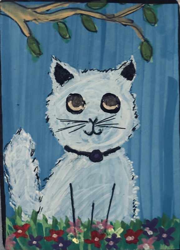 ACEO Original Art Acrylic Paint 2.5″x3.5″ Card , Grey Kitty, Signed By Artist