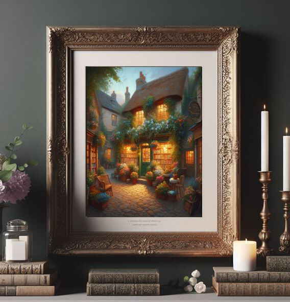 England Village Town cozy Cottage Bookstore Oil painting print poster wall art