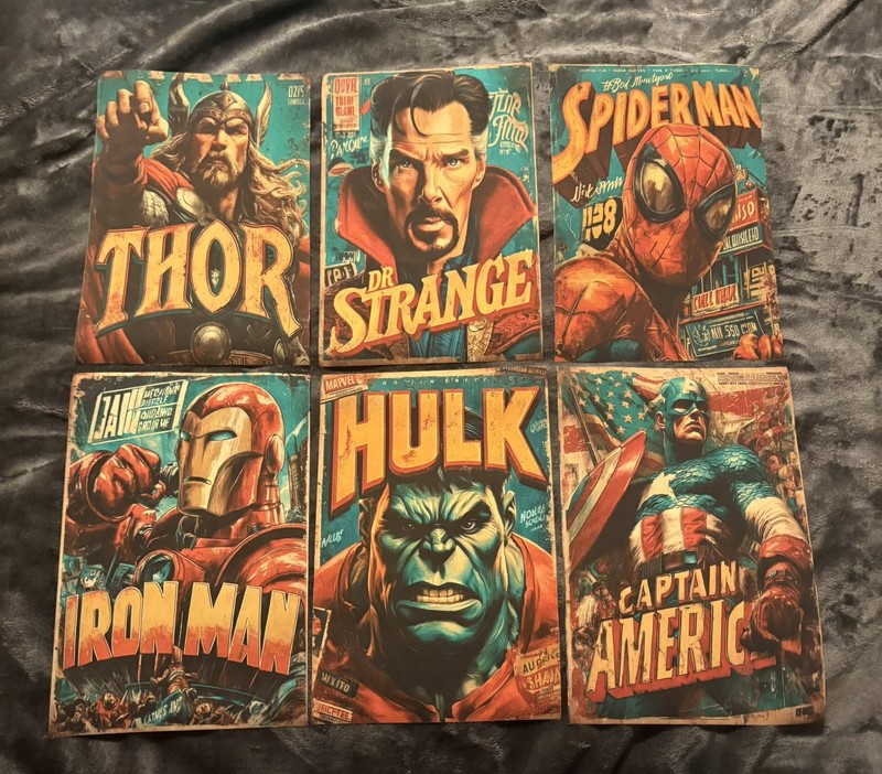 6pcs Marvel Universe Distressed Graphic 8×12” 20x30cm Canvas Wall Art Print New