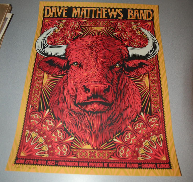 Dave Matthews Band Chicago 2025 Todd Slater Screen Print Poster AP GOLD Bull 23