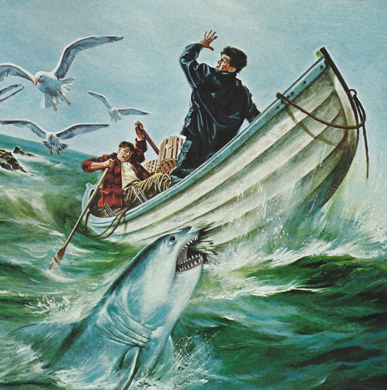 JAWS MOVIE, SHARK BITING THE BOAT PAINTING BY PAUL CALLE, LIMITED EDITION PRINT