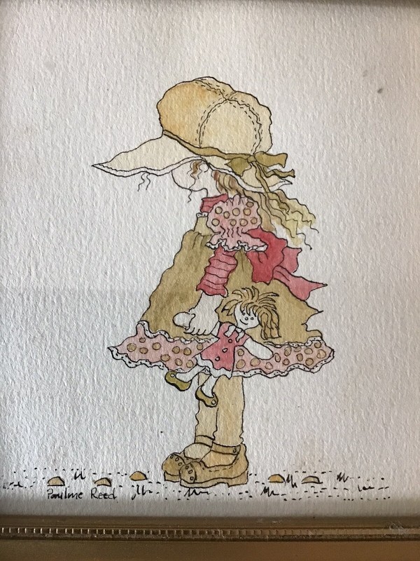Vintage Holly Hobbie Style Small Square Original Art Work Framed Pauline Reed gallery