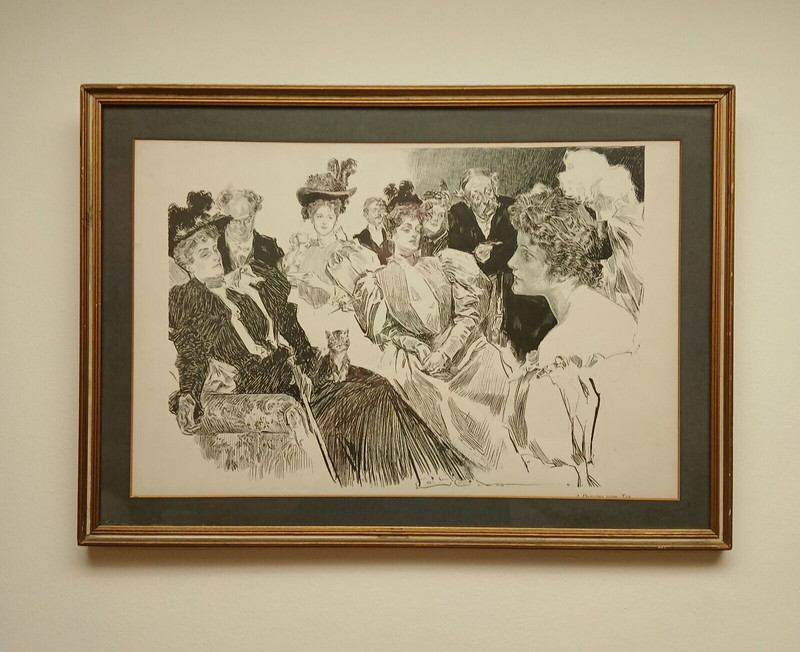 Vintage Pen and Ink Litho Print Gibson Girls "A Dining Room Tea" Framed/Matted