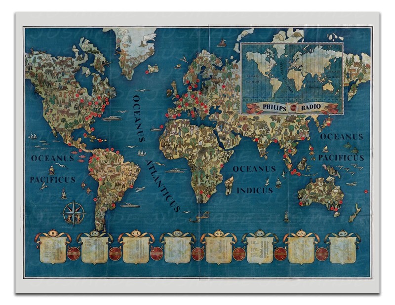 Vintage 1930s Philips Radio World Map Poster - Antique Pictorial Global Print