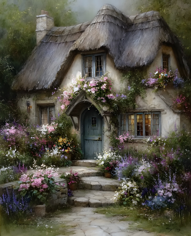 8×10 Cozy Storybook Cottage with Flowers and Stone Path Art Print – 424787351