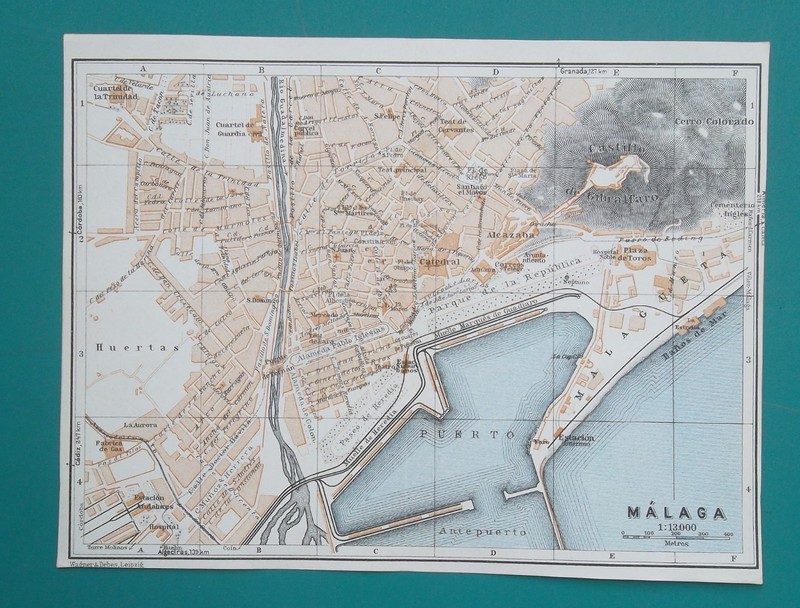 SPAIN Malaga City Plan Last Map before WWII – 1934 BAEDEKER 6×8″ 15x20cm