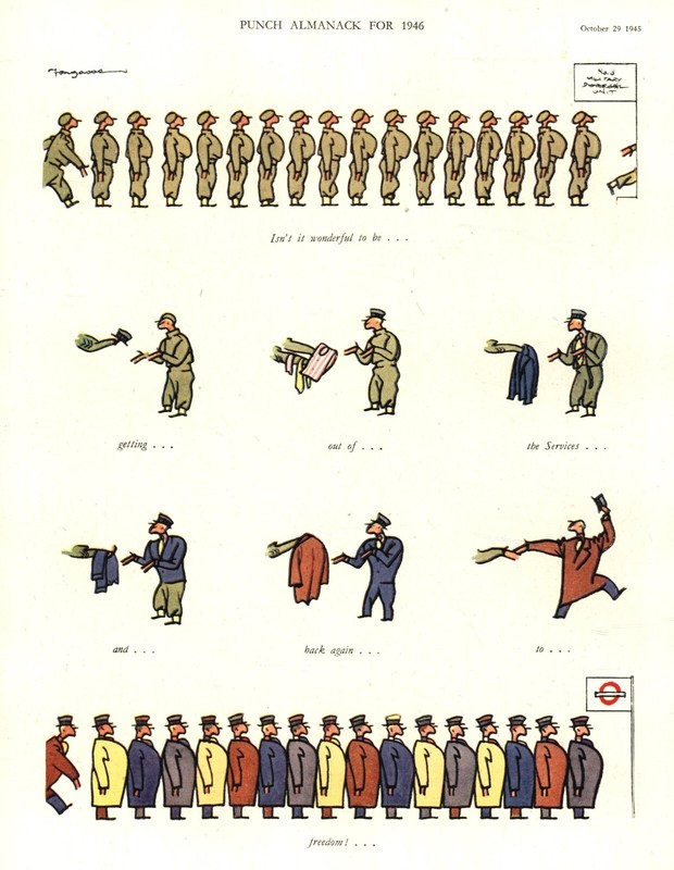 Rare Early Post-WW2 Cartoon – FROM UNIFORMS TO CIVILIAN CLOTHING «Freedom» HUMOR