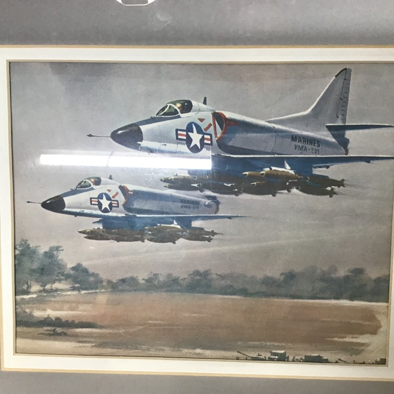 Vtg Water Color Print Depicting Viet Nam Era A-4 Skyhawks From VMA-244 in Frame