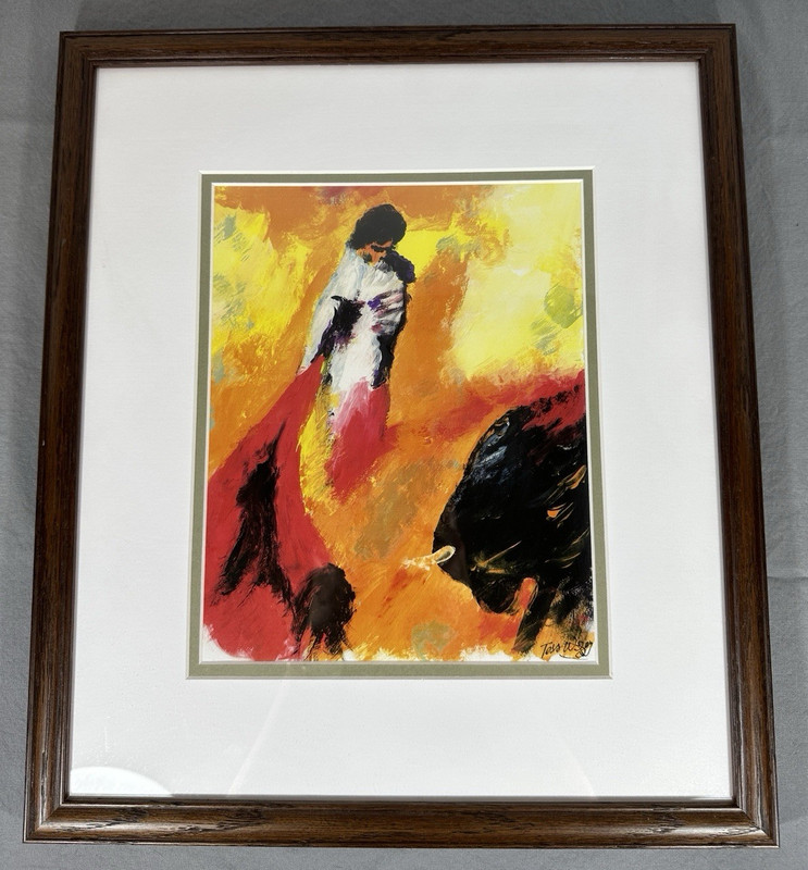 Vintage Bullfight Matador Print Signed Tess Wigey Framed Spanish Art 14×16″