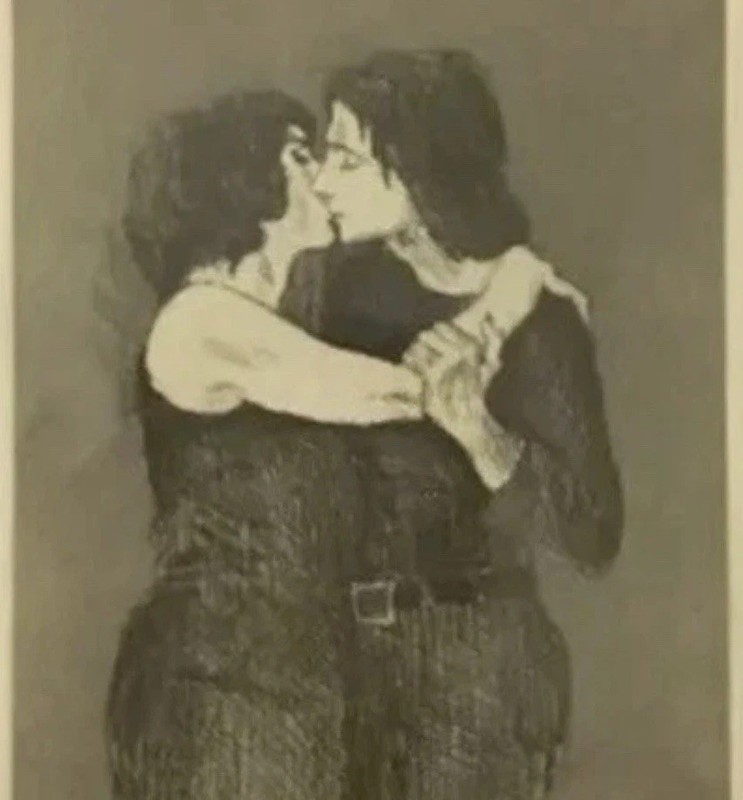 Signed Original 1930 Raphael Soyer Drawing "Kiss" (Framed, Matted) gallery