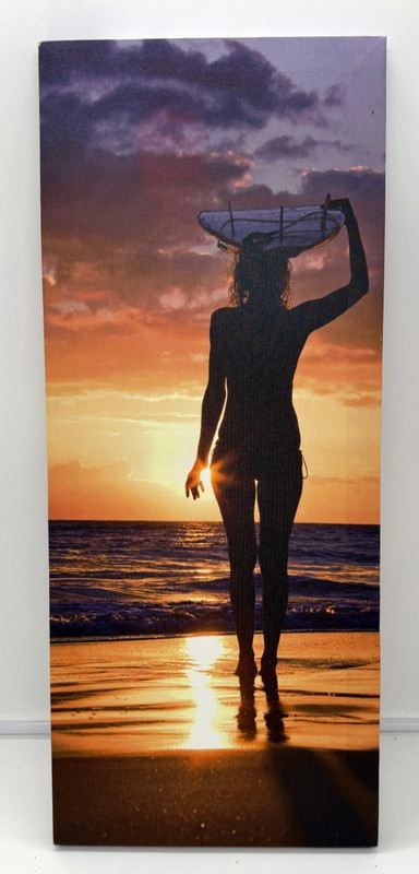 CANVAS WALL ART ON WOODEN FRAME SURFER GIRL SUNSET SCENE 25.5CM WIDE 61CM TALL