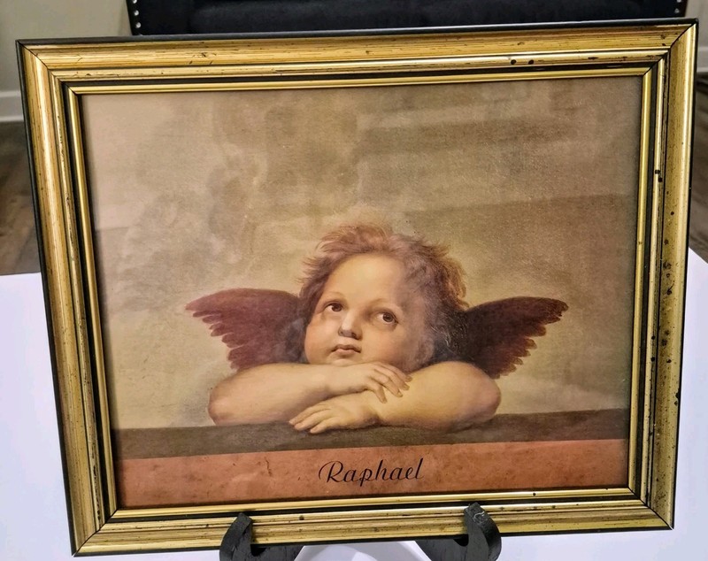 Vtg Raphael Sistine Madonnas Cherub Angels Gold and Black Frame Art Print