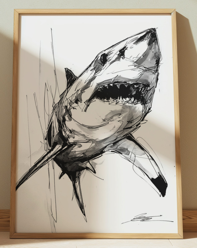 SHARK INK DRAWING PRINT SKETCH 8″ x 10″ SHARK WALL ART HOME DECOR