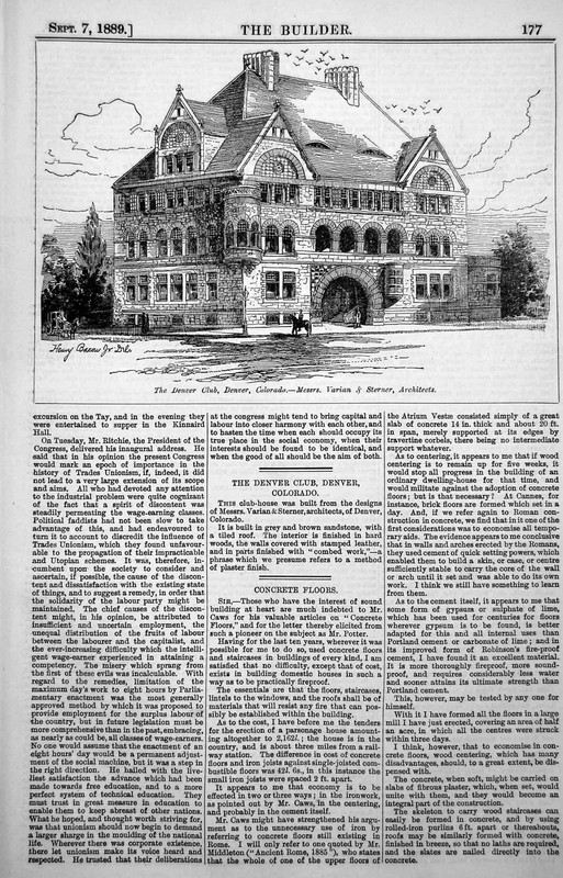 Old Plan Denver Club Denver Colorado Messrs Varian & Sterner Arch 1889 19th