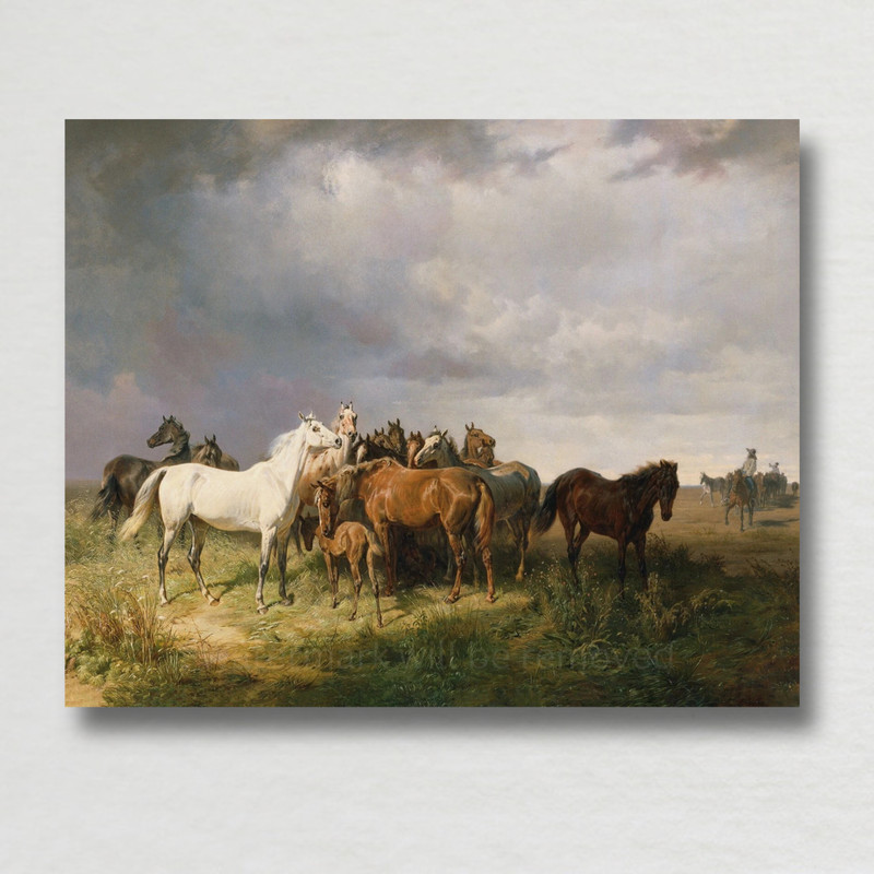 Vintage Landscape with Horses Painting Reproduction Giclee Fine Art Paper Print