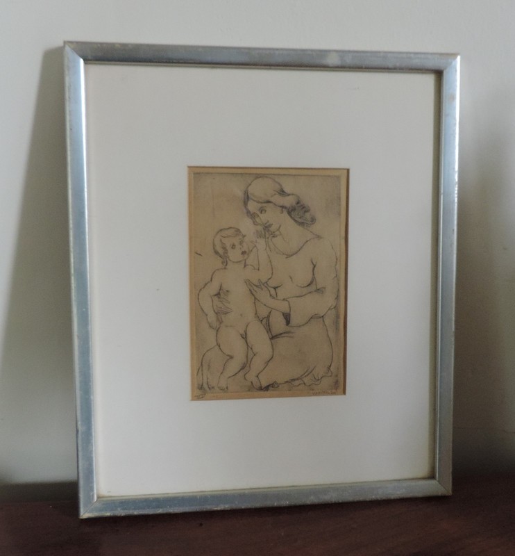 Black & White Etching Mother with Child 1930 1940 Silver Gilt Wood frame