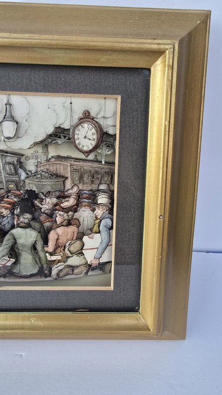 Vtg Anton Pieck 3D Art Hand Cut Paper Tole framed Picture Train Depot Local Pub gallery
