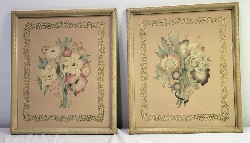 Pair Shabby Chic Floral Prints Square Frames 40s 50s? Cottage Grannycore Vintage