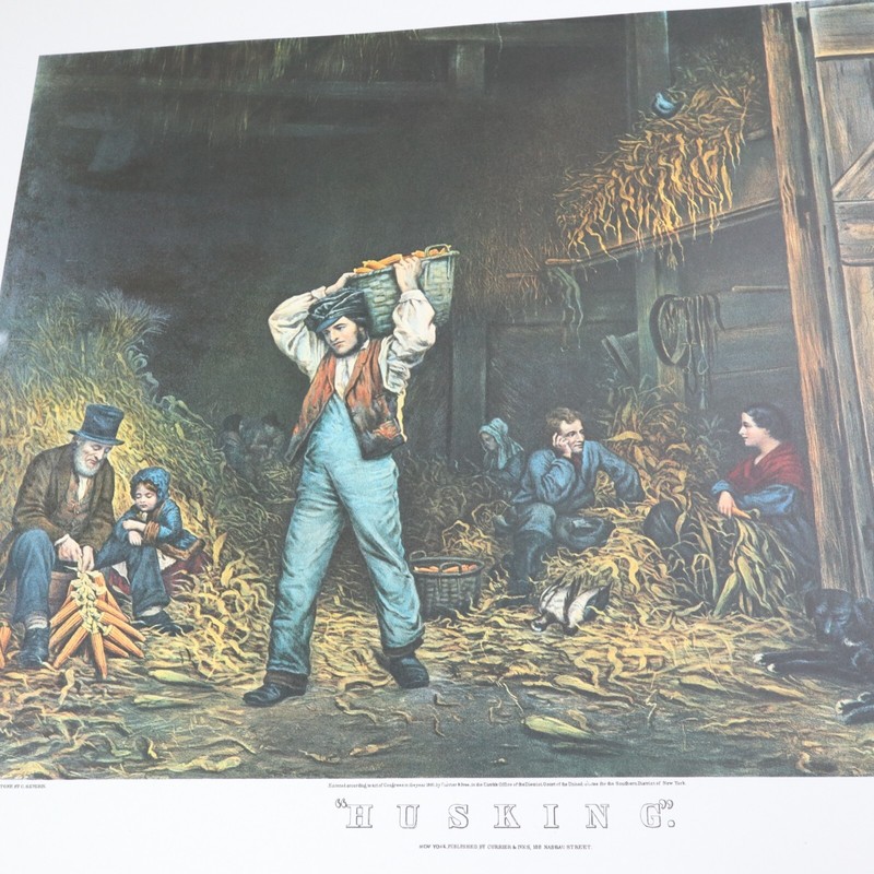 Currier & Ives Vtg Print Husking Farm Family Outdoor Garden Life Work Art Decor