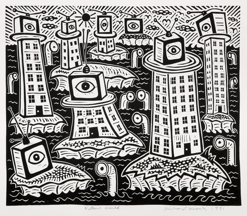 Richard Mock, Future World, Linocut on BFK Rives, signed, titled, numbered and d