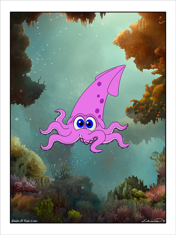 Squid Water World Print, Ocean Art, Sea Life Decor, Aquatic Creatures