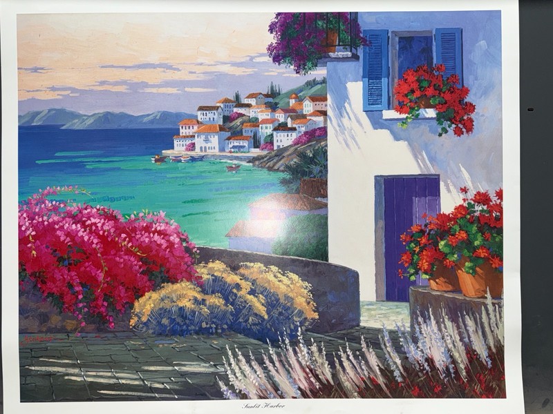 Art Print Mediterranean Sunlit Harbor Mikki Senkarik 26 1/2″ X 32″ 1996 AB5099