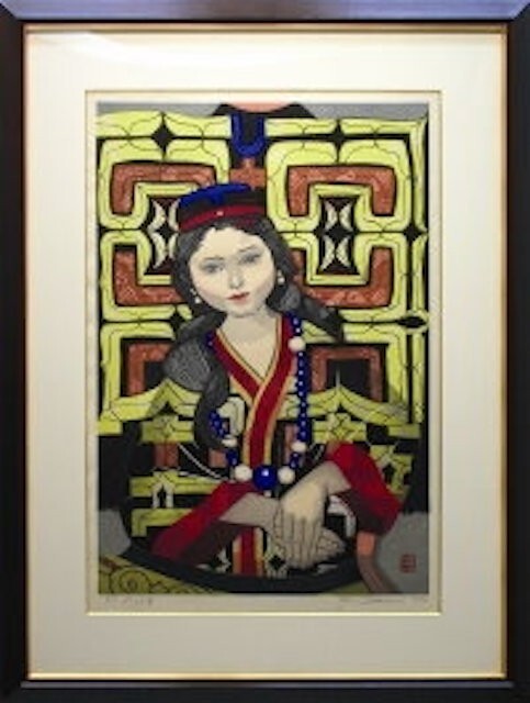 Junichiro Sekino " Ainu Pattern " Woodblock Print Autograph H 39.1 x W 29.7 in