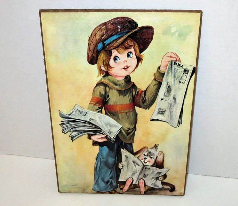 Vintage 60s Big Eyes Boy Newsie & Dog Mounted Art Paperboy Made in Italy Eyed