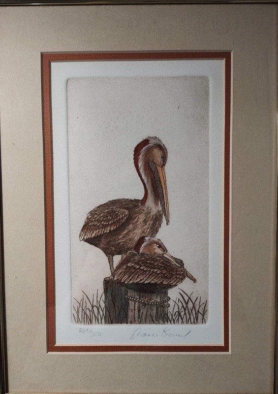 Dianne Krumel Pelicans Hand Colored Numbered Signed Etching Print Framed