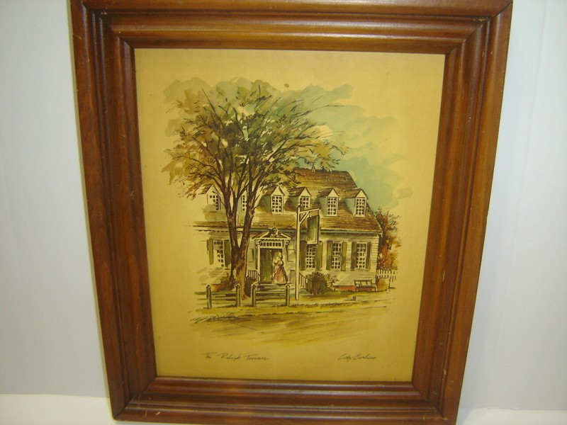 Vintage Framed Coby Carlson Print Raleigh Tavern in Muted Colors gallery