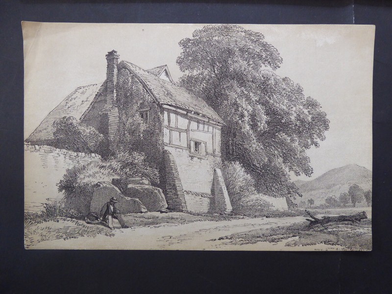 Man resting by timber framed house unattributed unknown location print litho