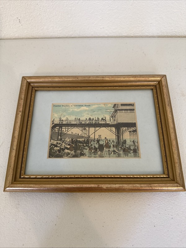 Vintage Style Galveston Texas Beach Pier Print Framed Coastal Wall Art