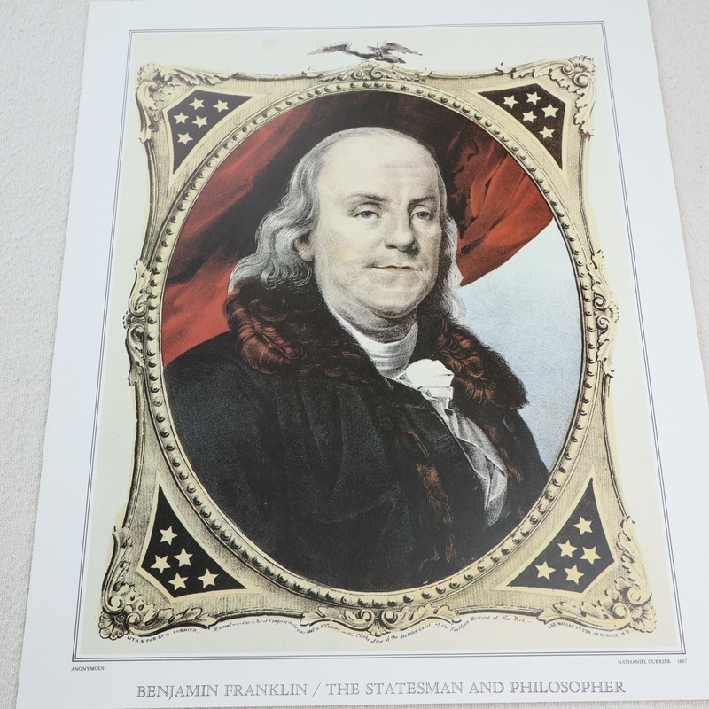Currier & Ives Vtg Print Benjamin Franklin Portrait Paper Lithograph Art Decor