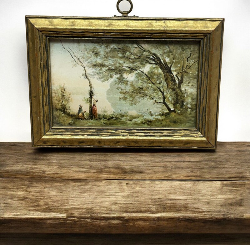 Vintage landscape print bird on a branch Glided age