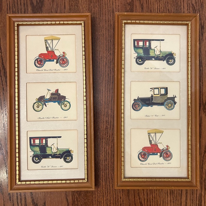 Vtg Lambert framed print set 1900s antique cars Cadillac Oldsmobile Rambler USA