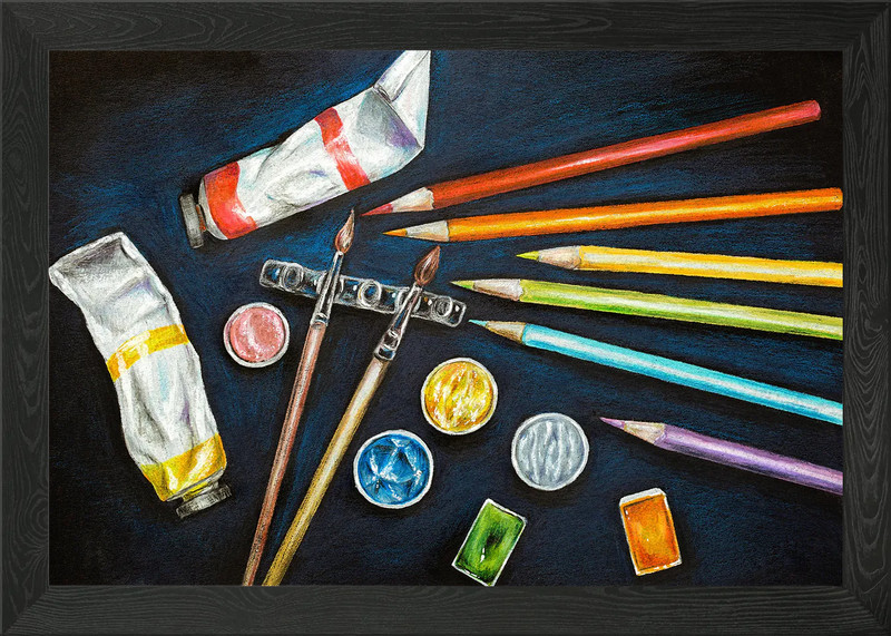 Art supplies still life Framed Wall Art Poster Canvas Print Picture