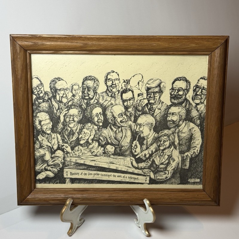 Vintage Framed Cartoon Illustration “Members of the Firm” 1984 Office Art