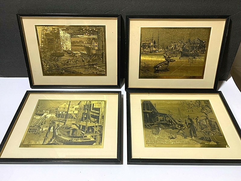 VTG LOT 4 Gold Foil Etchings Prints by Artist Actor Lionel Barrymore HOME PORT