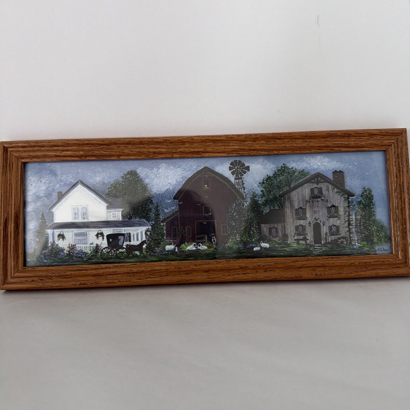 Amish Farm Scene Framed Print Rustic Country Barn Landscape Wall Art 14×5”