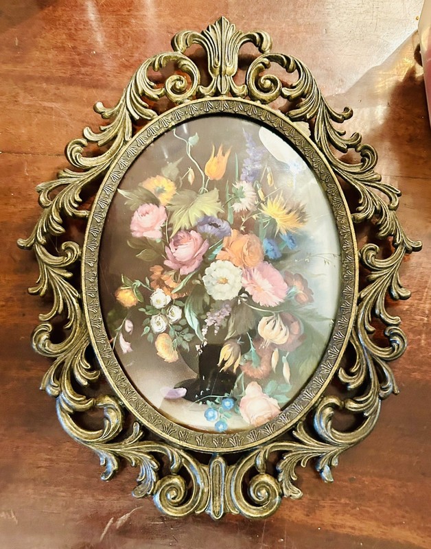 VTG Metal Ornate Framed Floral Prints Convex Bubble Glass Made in Italy13.5×10.5