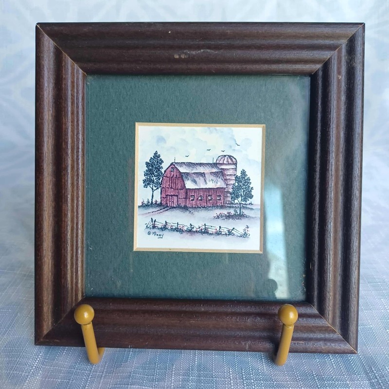 Vintage M.B Frey Red Barn & Silo Miniature Framed Print Barn Farmhouse Decor 5×5