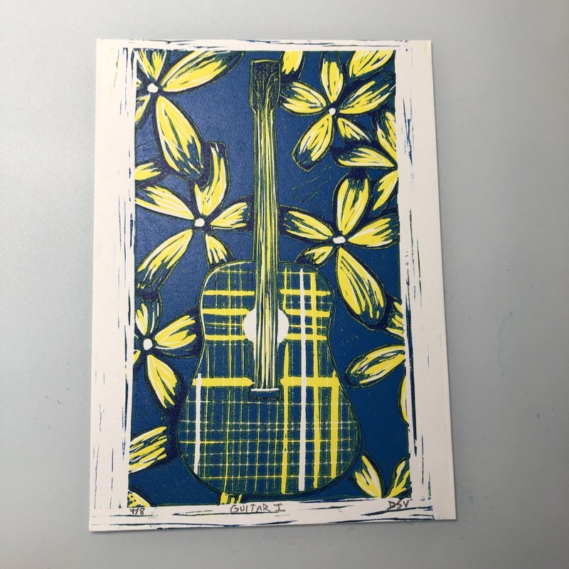 5″ x 7″ Reduction Linocut Print 3 Color Unframed “Guitar I” #4/8 Music Flowers
