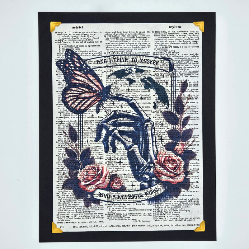 Wonderful World Dictionary Page Art Print 8.5×11 Skeleton Butterfly Rose Decor