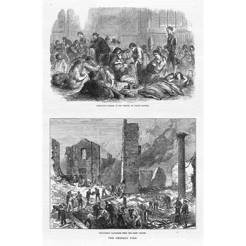 CHICAGO FIRE Survivors at Grace Church & Searching Bank Vaults – Old Print 1871